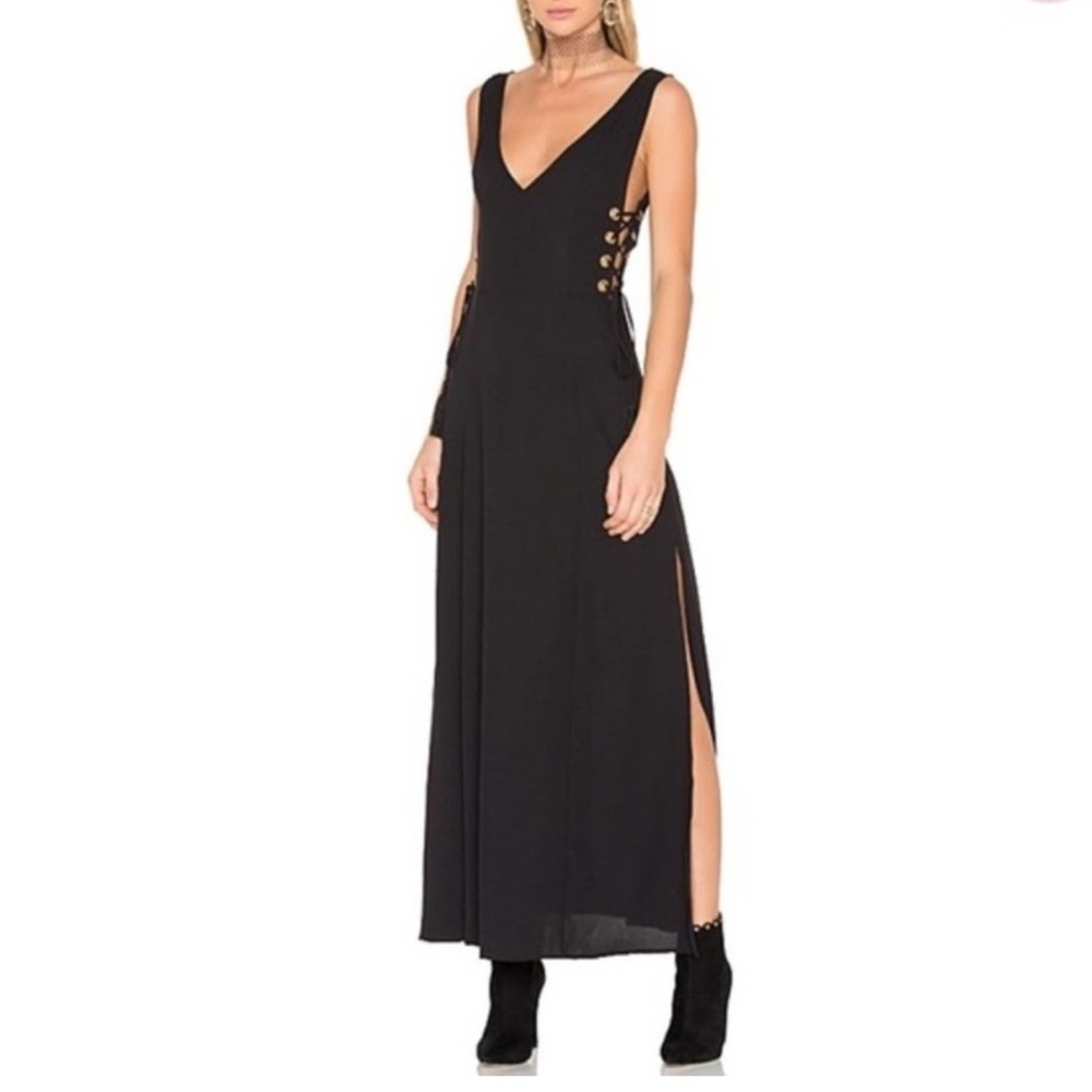 FINDERS KEEPERS Black Amos Dress Size Slits Cut Outs Lace Upβ Maxi Size Small
